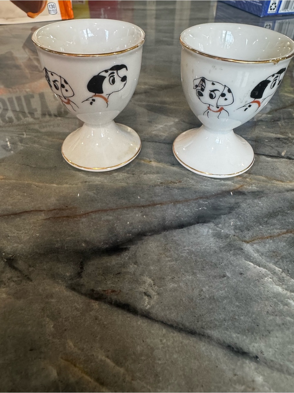 Vintage White Porcelain Egg Cups with Dalmatian Dog Motif - Set of 2